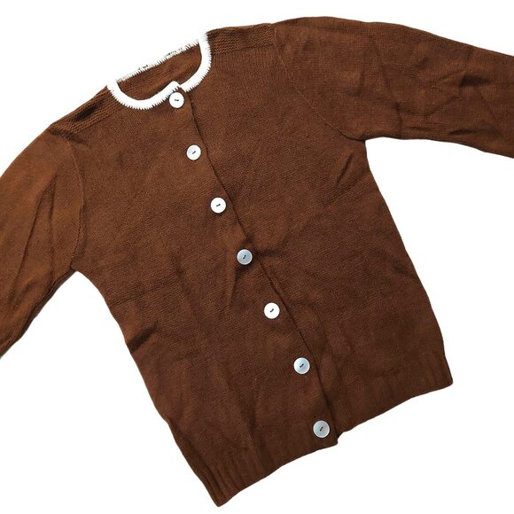 Pure Vintage 1940s-1950s Brown White Long Sleeve Cardigan Sweater - Picture 5 of 9